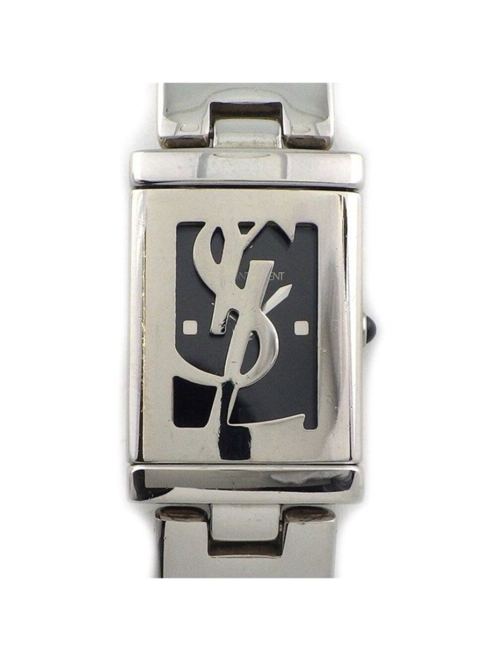 Saint Laurent Yves Watch Bangle YSL Logo Rectangular Black Dial SS Quartz